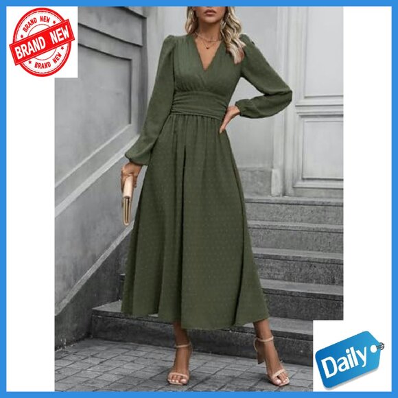 Swiss Dot Maxi Dress V-Neck Long Lantern Sleeves A-Line Flowy - Picture 6 of 8